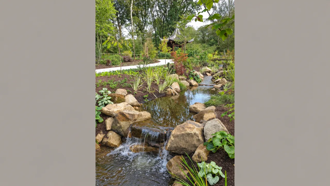 A winding path runs beside a rocky stream towards a partly visible pavilion at RHS Garden Bridgewater.