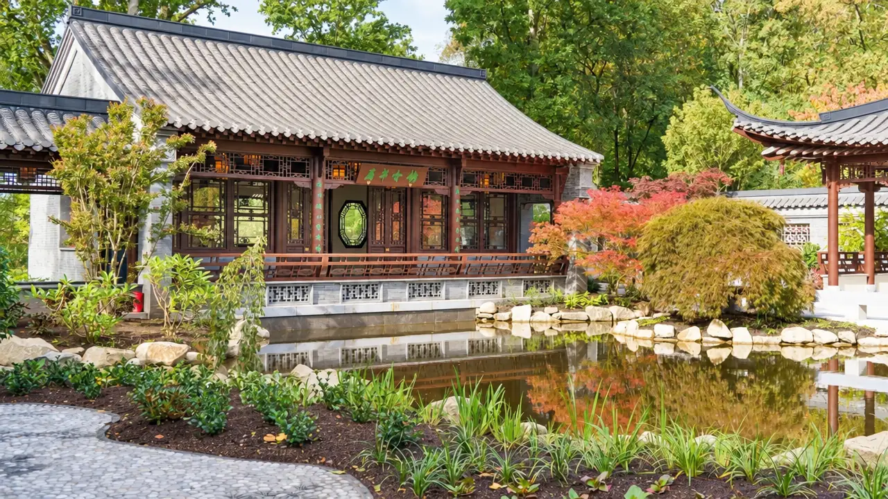 The Writing Pavilion beside a pool, rocks and planting at the Yangzhou Scholars Garden.