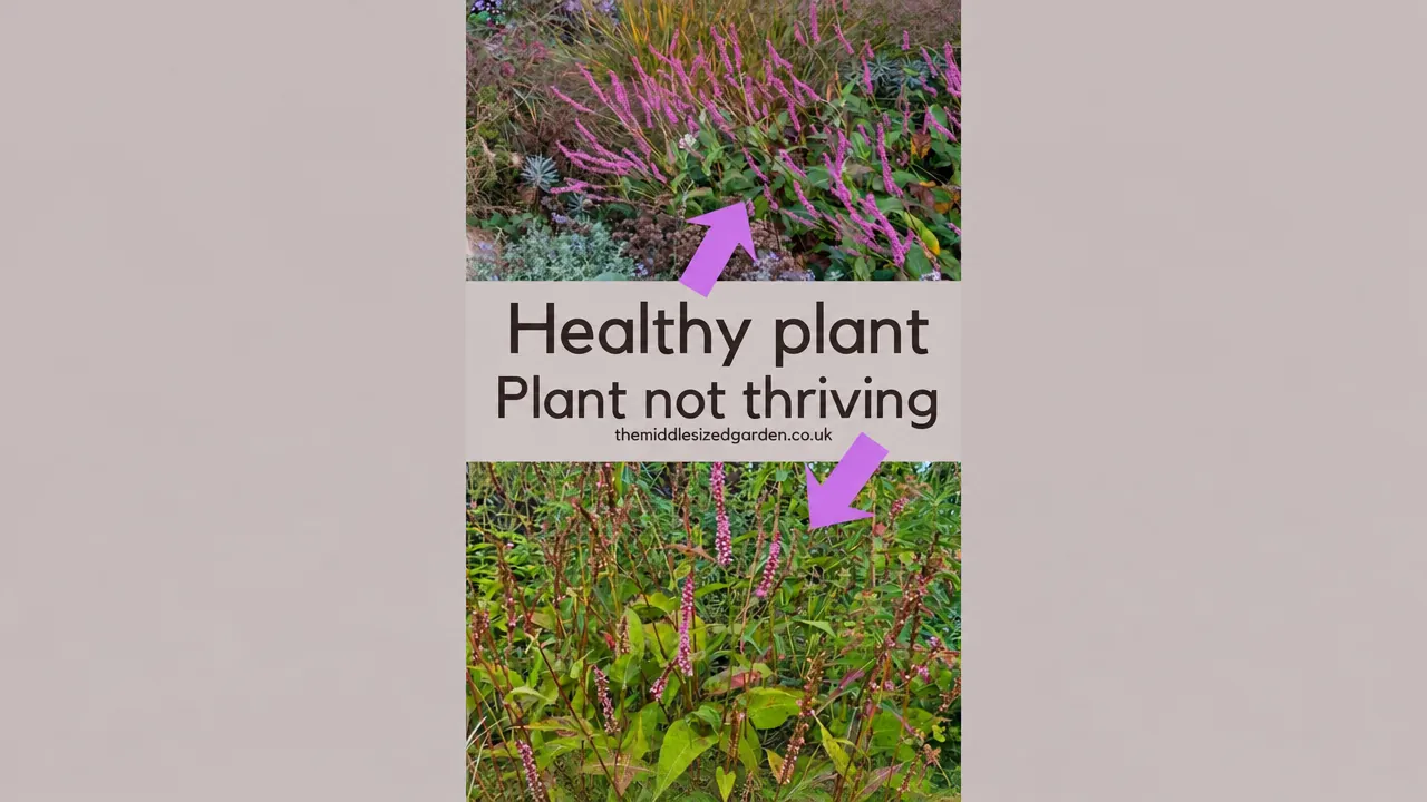 Two photographs of persicaria in the Long Border: abundant pink flower spikes above, and fewer flowers with some discoloured foliage below.