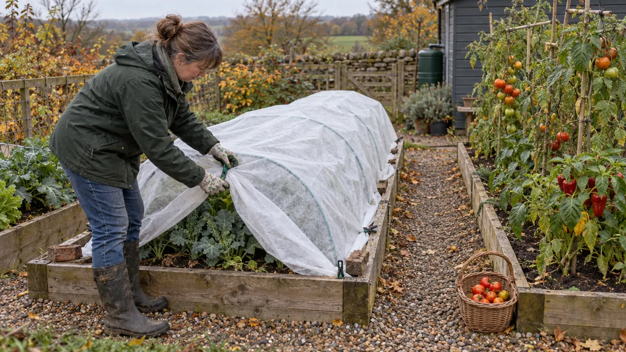 A gardener secures fabric frost cloth over a vegetable bed in autumn.