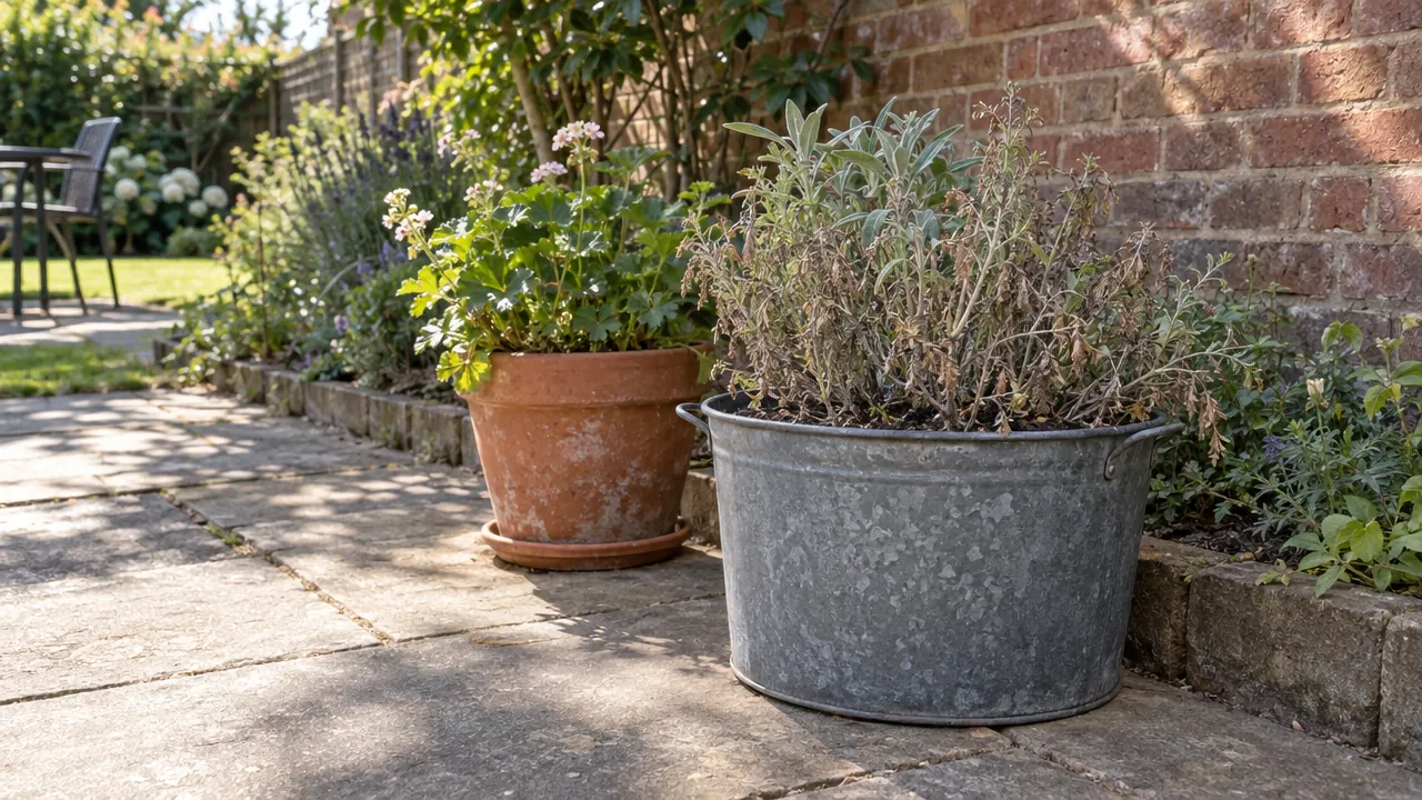 Browned sage foliage in a metal pot beside another container on a garden patio.