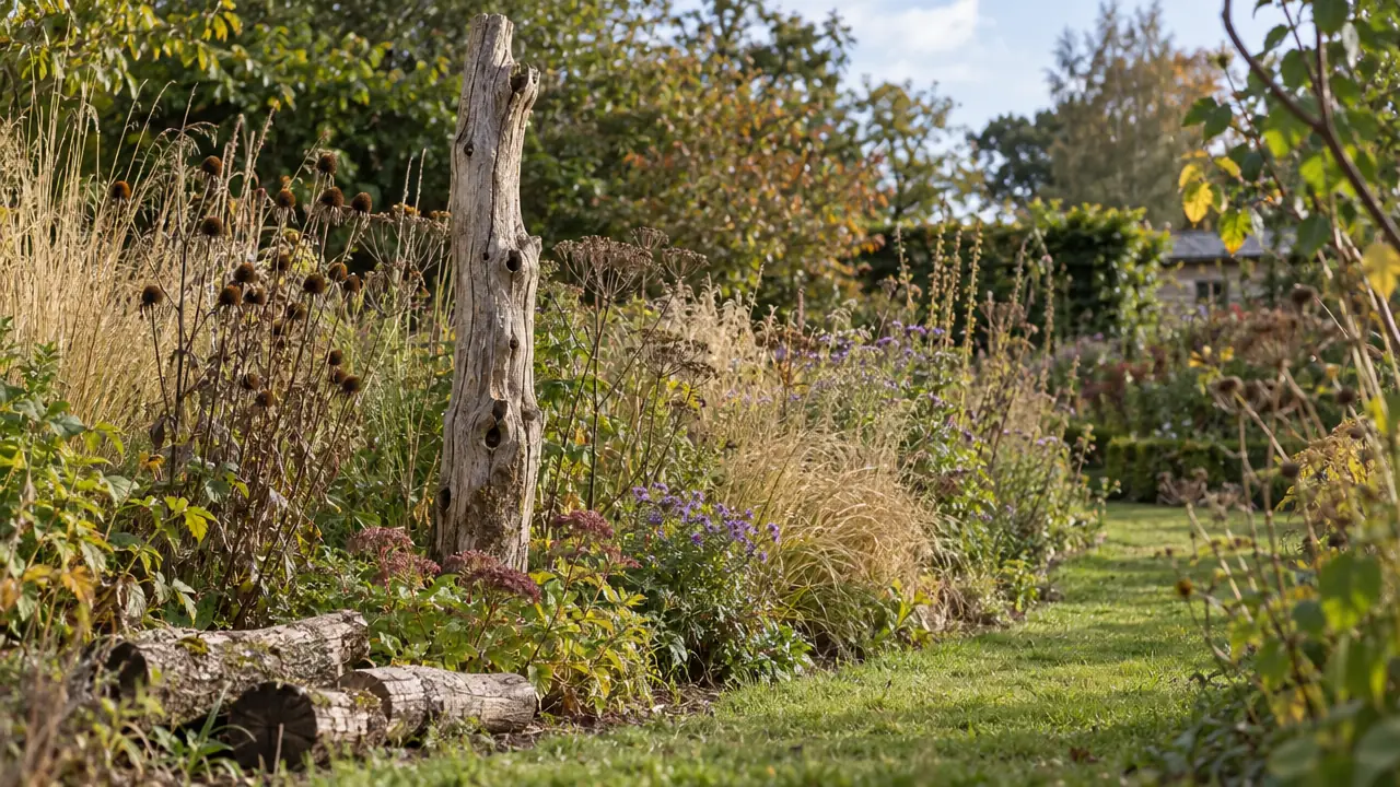 Upright dead wood among plants in a garden border, with a few logs on the ground nearby.
