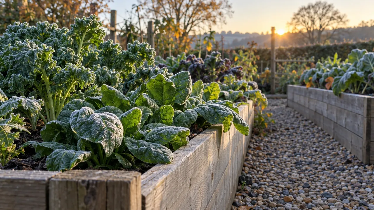 A thin layer of frost edges leafy vegetables in a raised garden bed.