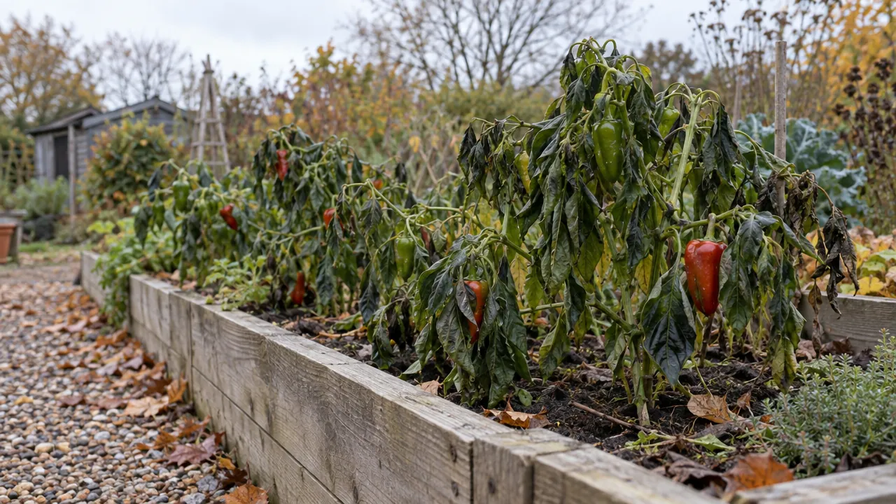 Wilted pepper leaves and peppers still attached to plants in a raised bed.