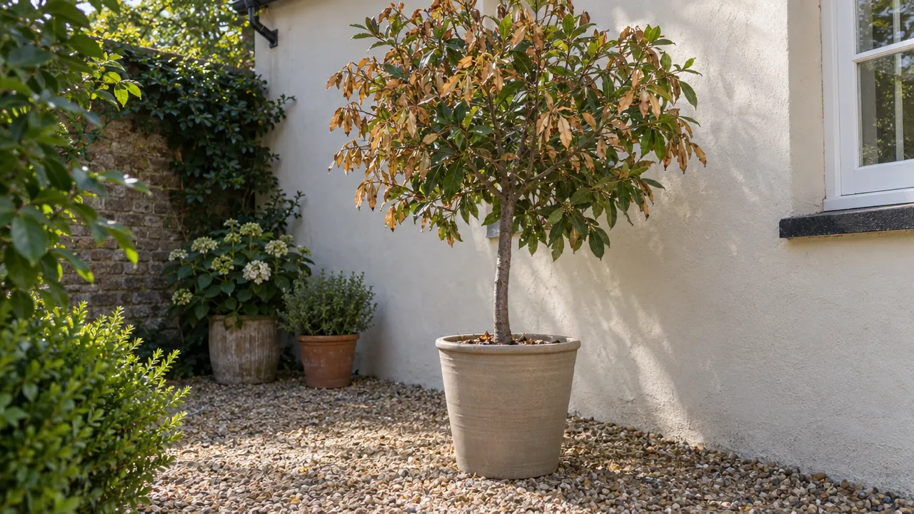 A potted bay tree with yellow-brown and green leaves in a garden courtyard.