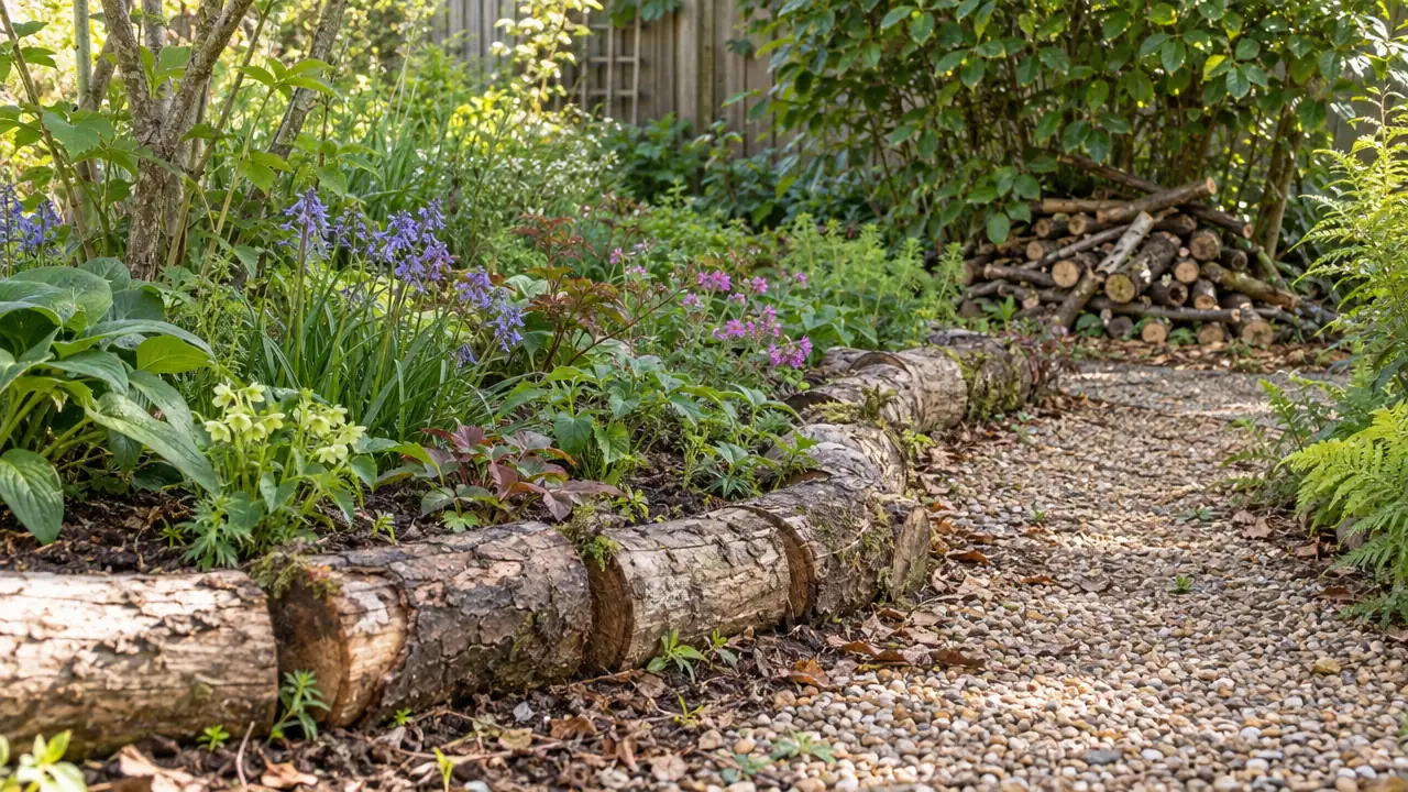 Logs curve along a planted border, with a smaller pile of cut branches beneath a shrub.