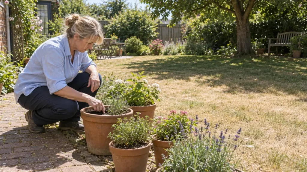 A gardener checks compost in a pot beside a partly brown lawn, with other containers sheltered in tree shade.