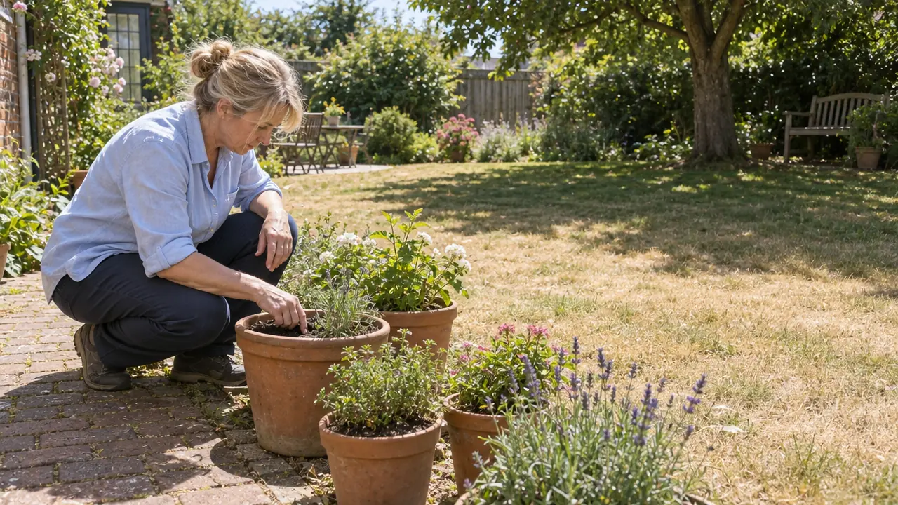 A gardener checks compost in a pot beside a partly brown lawn, with other containers sheltered in tree shade.