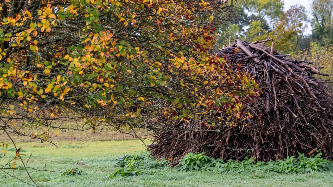 A large mound of branches and garden cuttings on grass beneath overhanging foliage at Great Dixter.