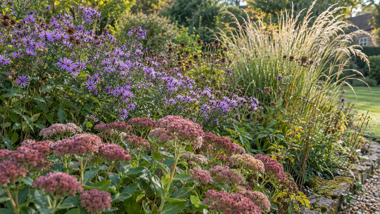 Purple asters grow among arching ornamental grass and hylotelephium in a mixed border.